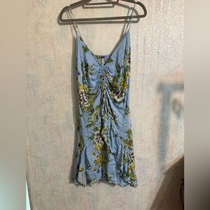 Free People Blue and Green Floral Ruched Adjustable Spaghetti Straps Mini Dress
